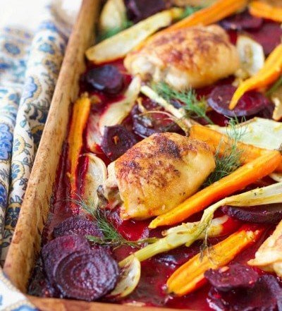 One Pan Citrus Beets Roasted Chicken Recipe