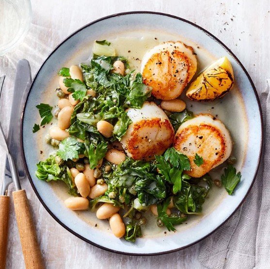 Seared Scallops with White Bean Ragu & Charred Lemon