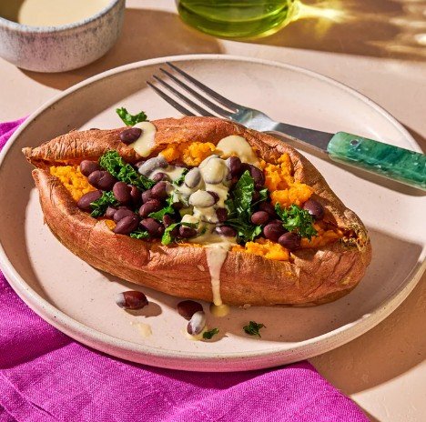 Stuffed Sweet Potato with Hummus Dressing